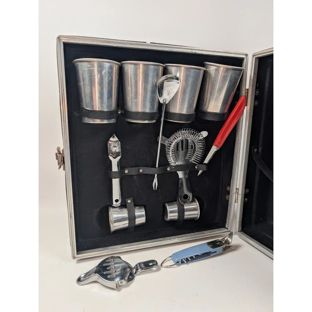 Vintage Mid‑Century Portable Bar Set Hard Case Aluminum Cups Bar Tools Travel